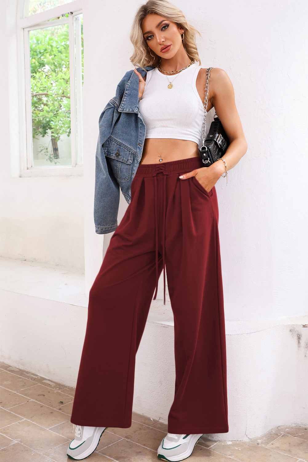Burgundy Tied Elastic High Waist Pleated Detail Solid Sweatpants - loveforevers