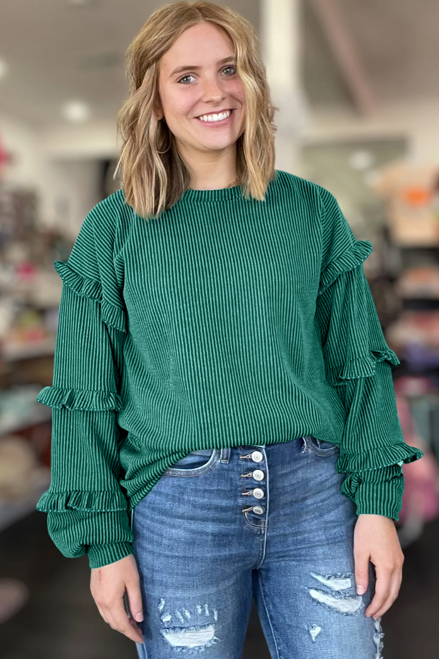 Evergreen Twisted Ribbed Tiered Ruffles Long Sleeve Pullover Top - loveforevers