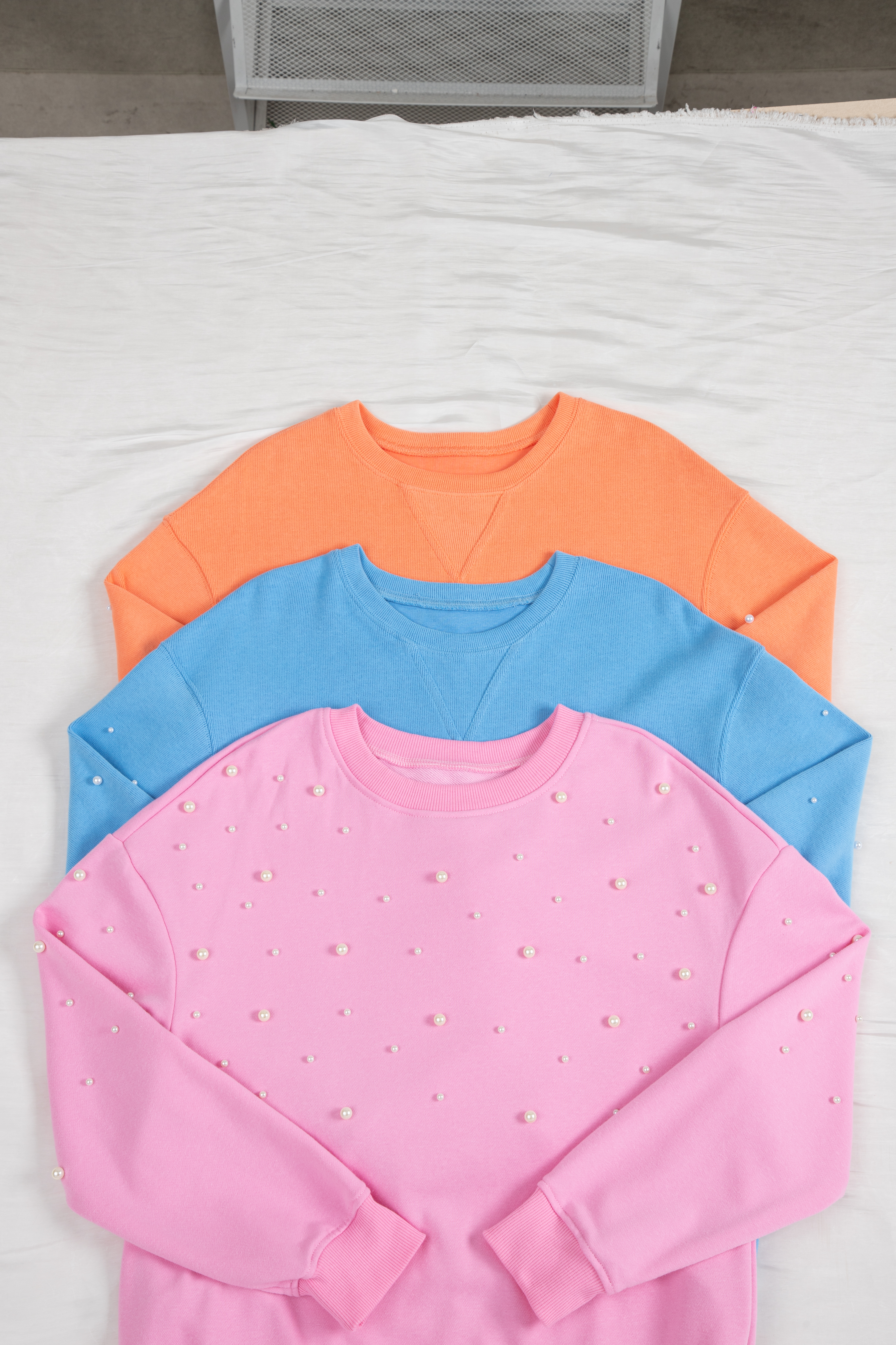 Myosotis Pearled Sleeves Drop Shoulder Round Neck Pullover Sweatshirt - loveforevers