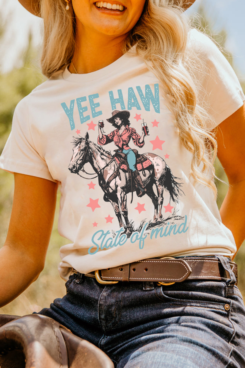 White YEE HAW State of  mind Cowgirl Graphic Western Fashion Tee - loveforevers
