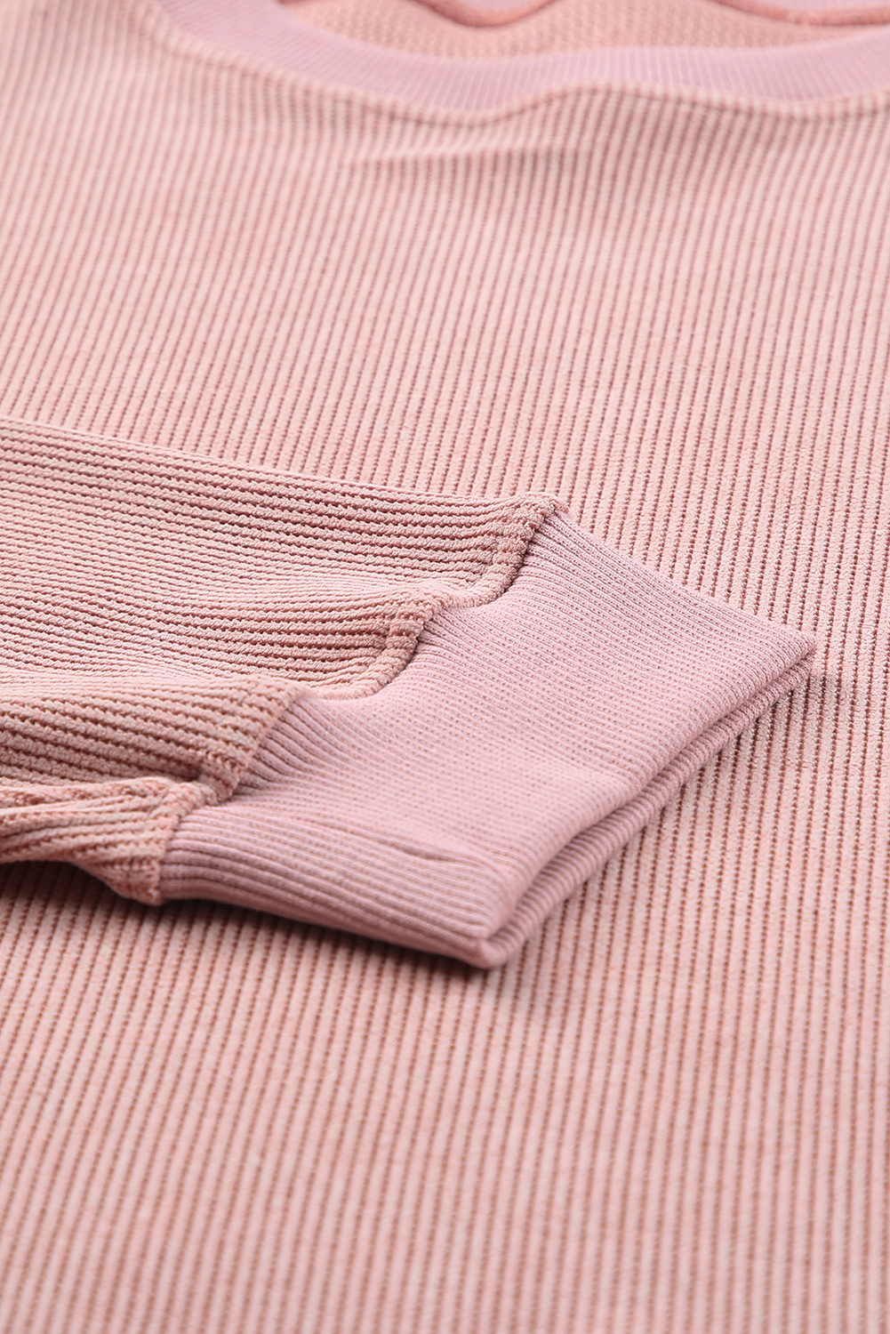Pink Solid Ribbed Knit Round Neck Pullover Sweatshirt - loveforevers