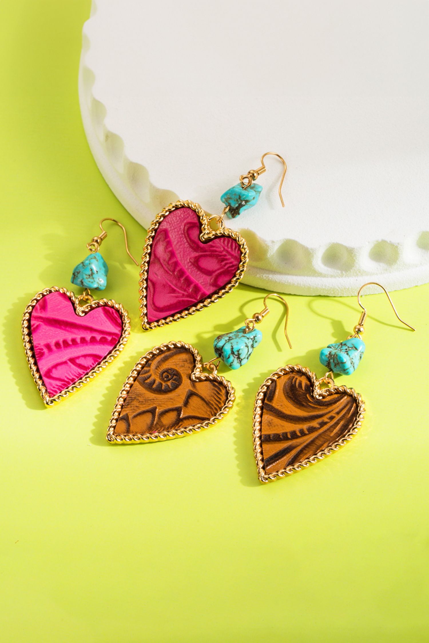 Rose Red Playful Heart Dangle Turquoise Detail Open Hook Earrings - loveforevers