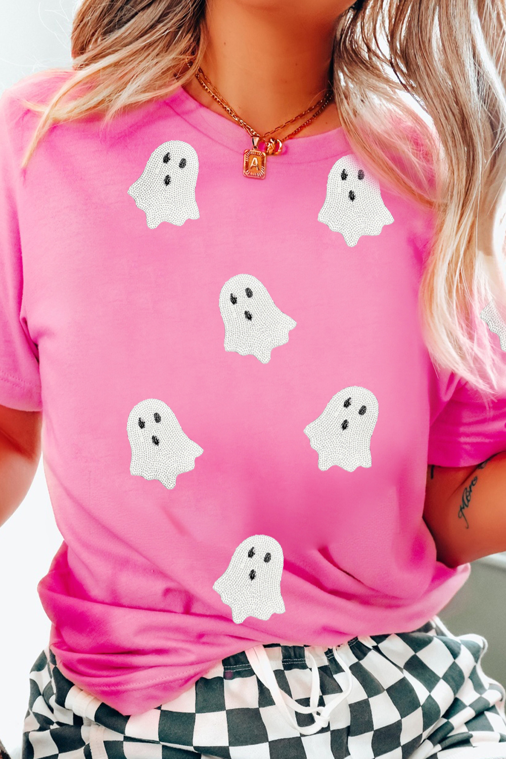 Wisteria Glitter Trim Chenille Ghost Patched Halloween Graphic Tee - loveforevers