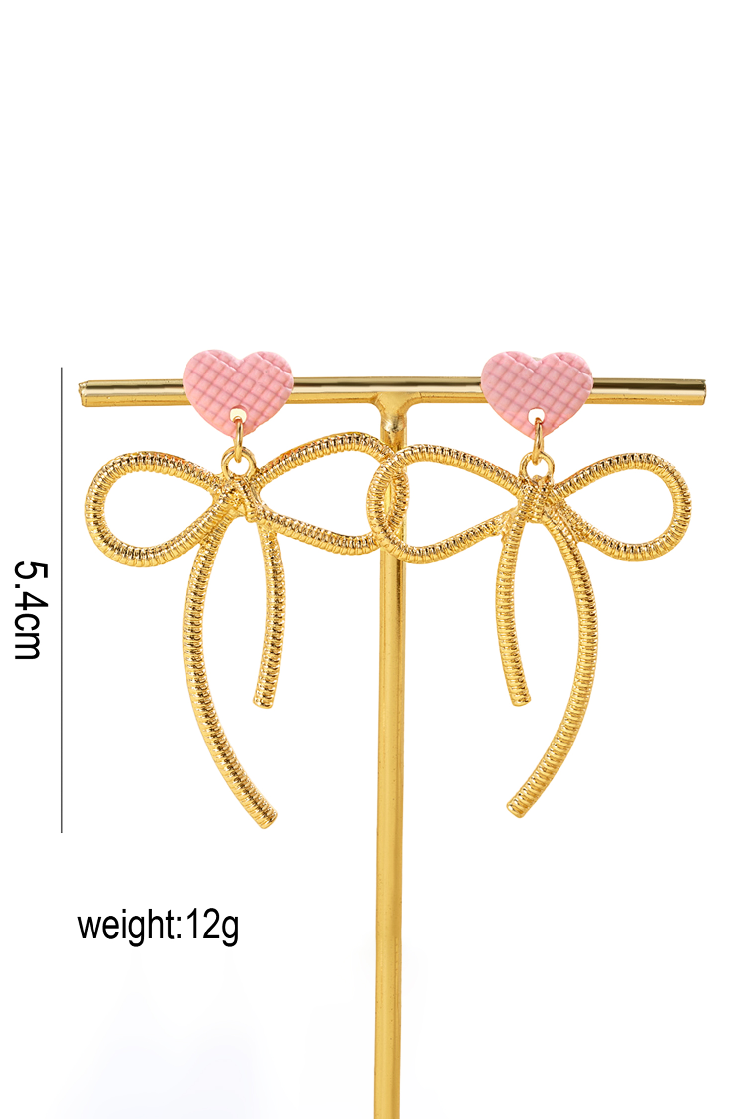 Pink Waffled Heart Stud Gold Plated Bow Dangle Earrings - loveforevers