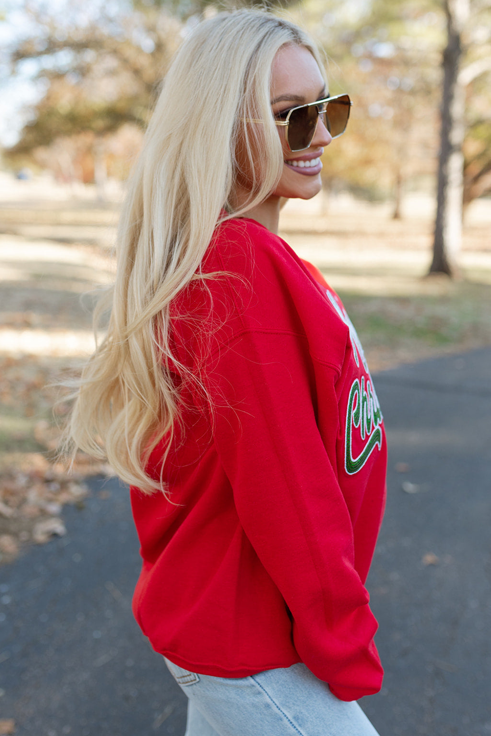 Red Merry Christmas Crewneck Drop Shoulder Loose Sweatshirt - loveforevers