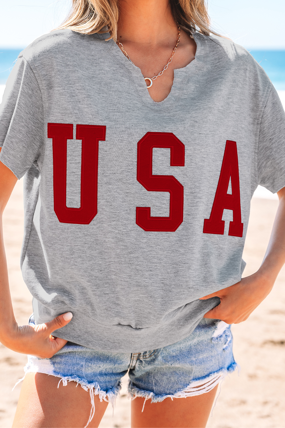 Light Grey USA Lettering Patch Notched Neck Loose Tee - loveforevers