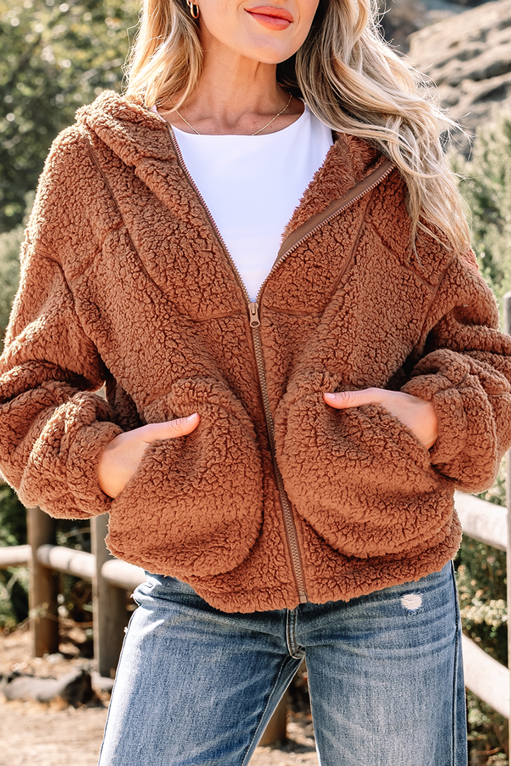 Straw Yellow Zip Up Hooded Sherpa Jacket - loveforevers