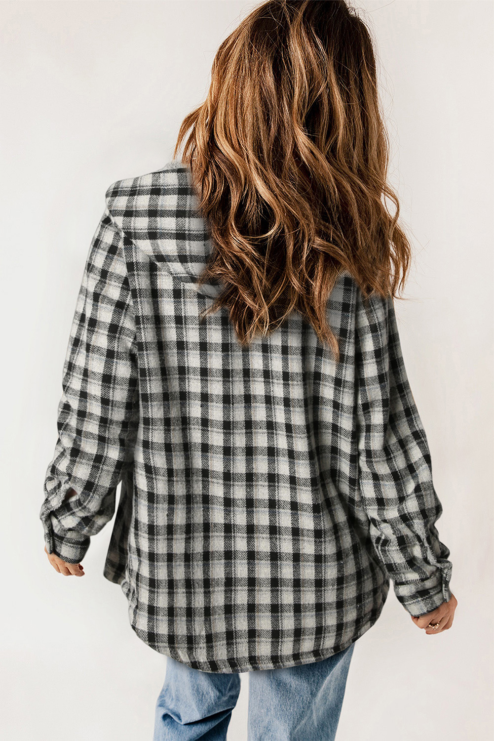 Black Plaid Pattern Sherpa Lined Hooded Shacket - loveforevers