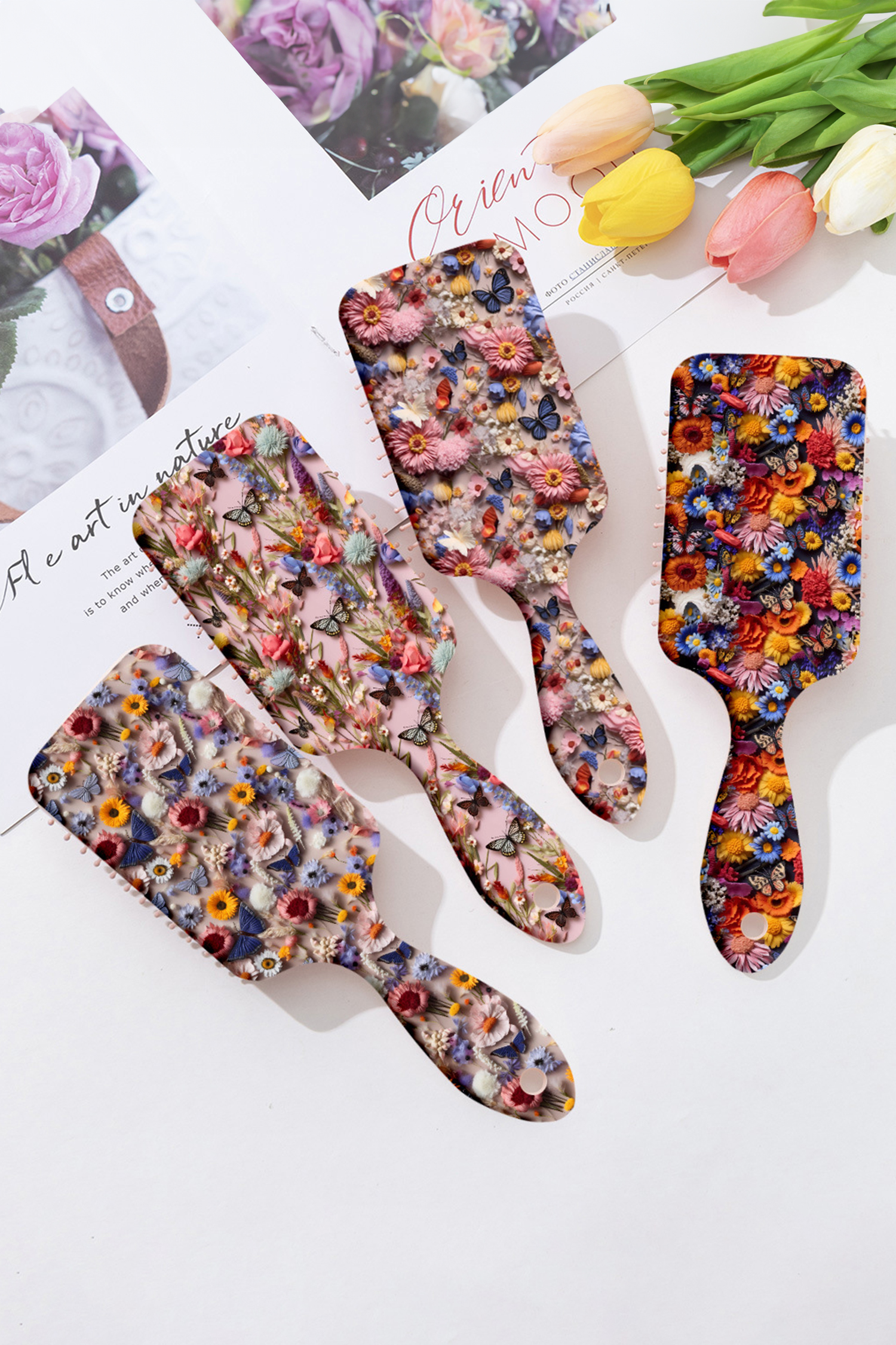 Peach Blossom 3D Flower Butterfly Printed Large Detangle Paddle Hair Brush Comb - loveforevers