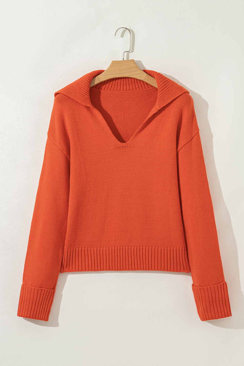 Racing Red Collared V Neck Ribbed Edge Sexy Elegant Sweater - loveforevers