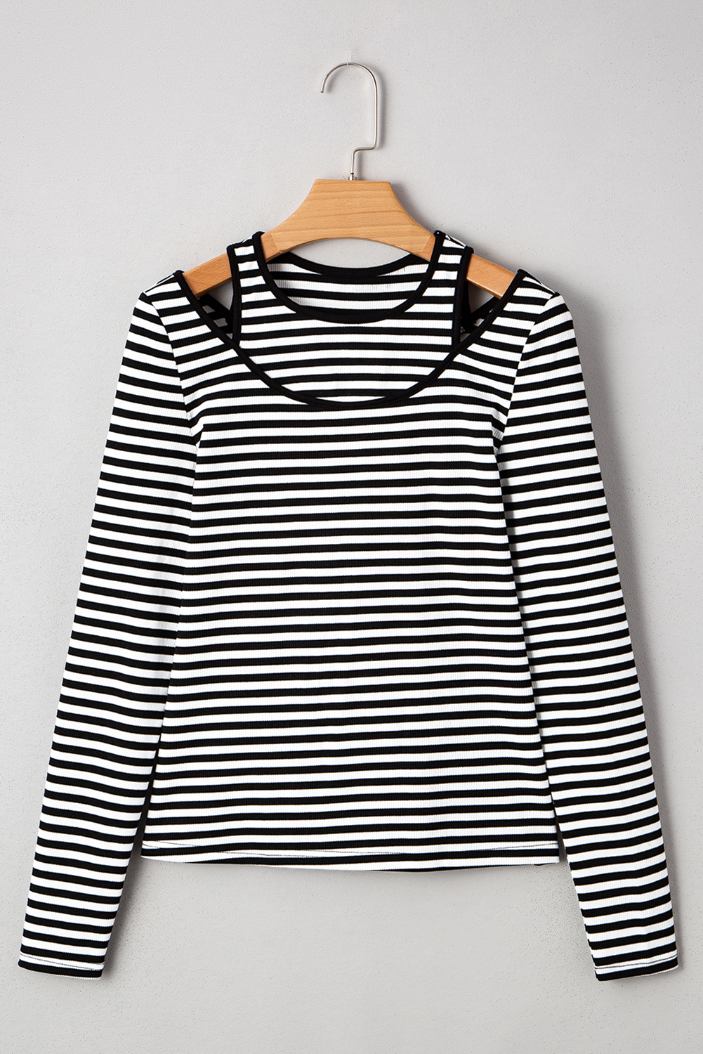 Black Stripe Double-layer Cold Shoulder Long Sleeve Top - loveforevers