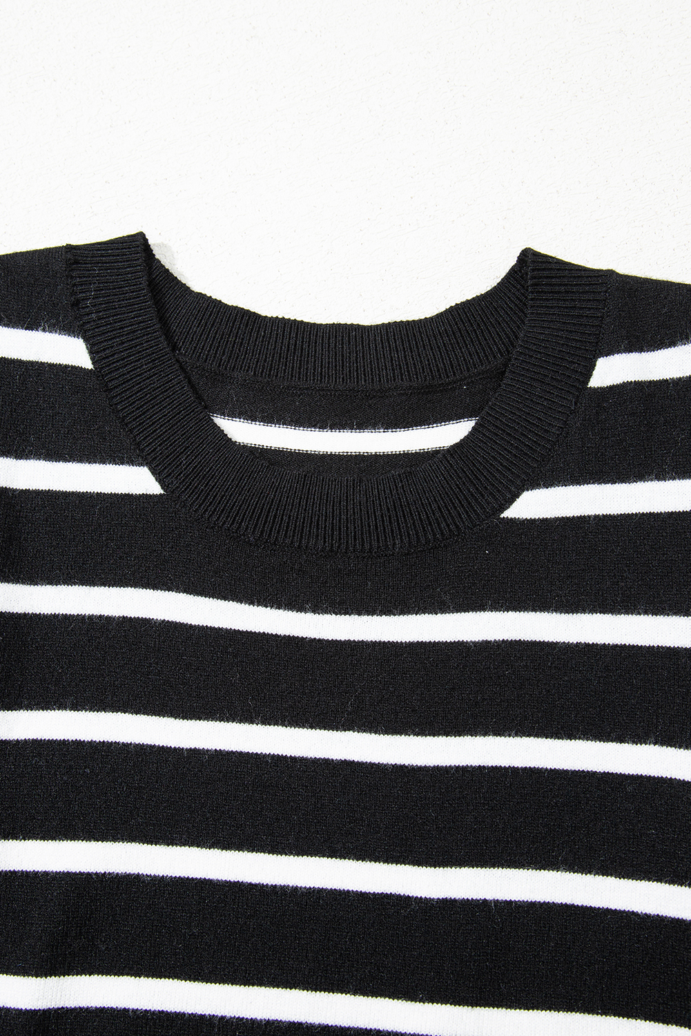 Blue Stripe Ribbed Trim Round Neck Bubble Sleeve Knitted Top - loveforevers