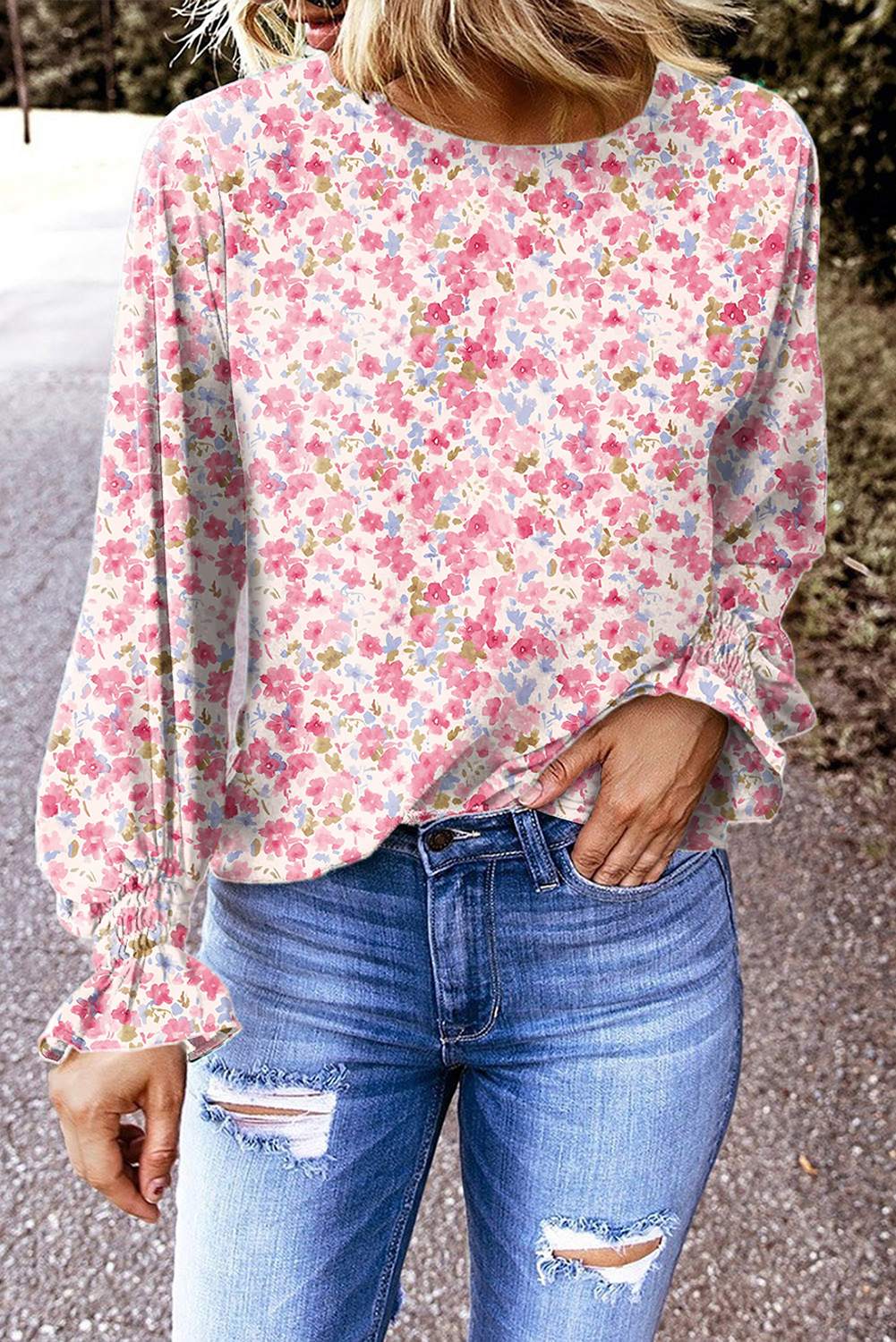 Red Floral Print Sweet Lantern Long Sleeve Blouse - loveforevers