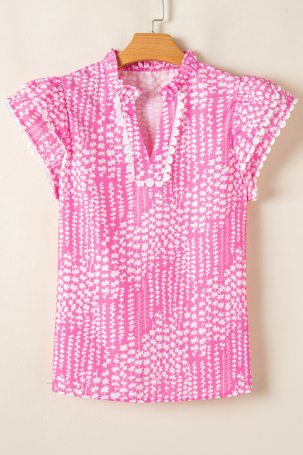 Pink Abstract Print Ric Rac Trim Flutter Sleeve Notch V Neck Blouse - loveforevers