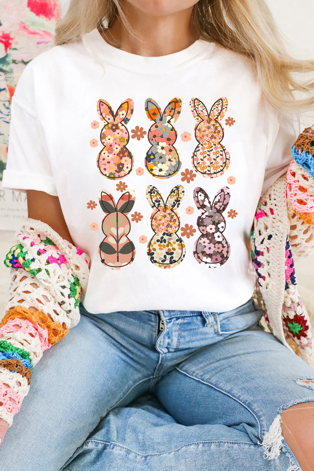 White Floral Bunny Graphic Crewneck Easter Fashion Tee - loveforevers