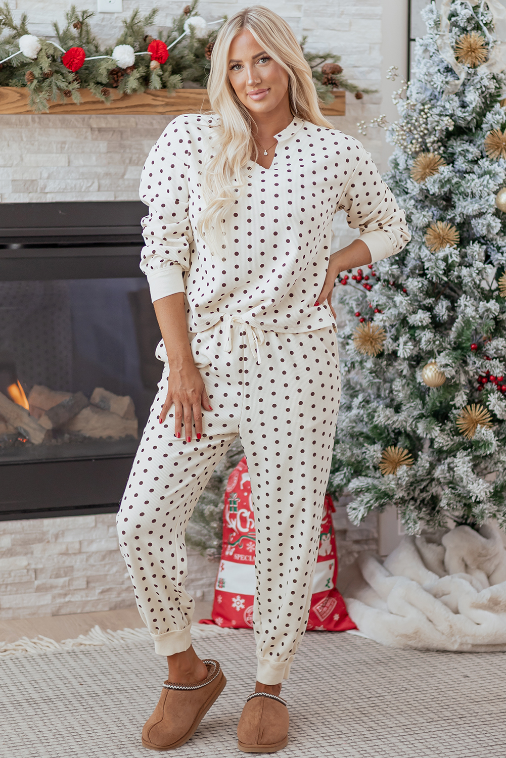 White Polka Dot Print Notched Neck Long Sleeve Top Drawstring Jogger Pants Waffle Knit Lounge Set - loveforevers