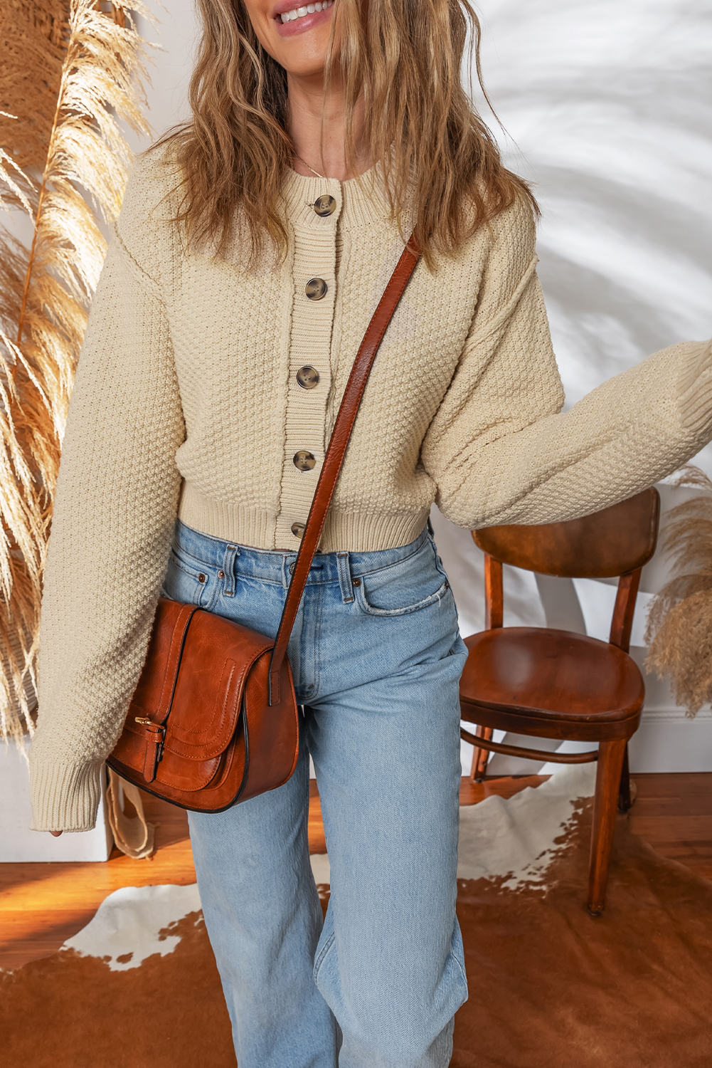 Beige Button Front Cropped Cardigan Sweater - loveforevers