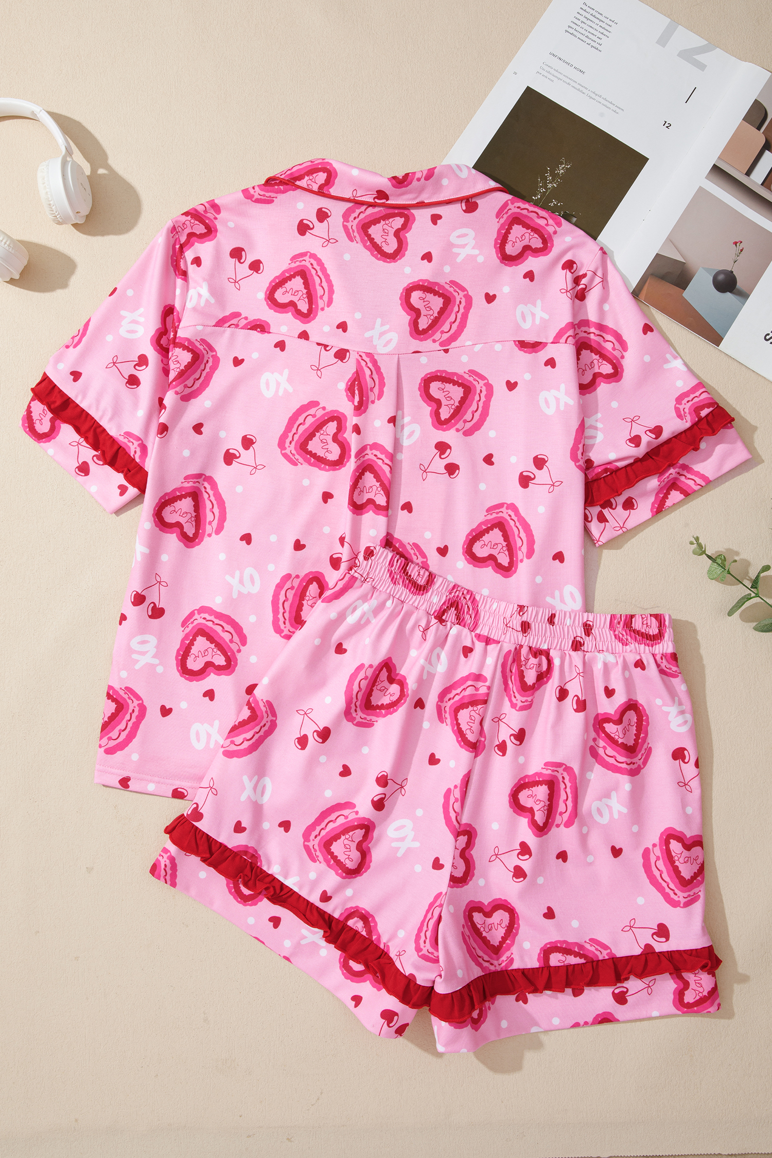 Pink Sweet Heart Cake Print Contrast Ruffle Trim Valentines 2pcs Pajama Set - loveforevers