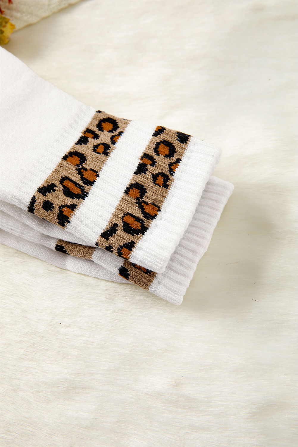 White Leopard Striped Detail Ribbed Cuffs Womens Socks - loveforevers