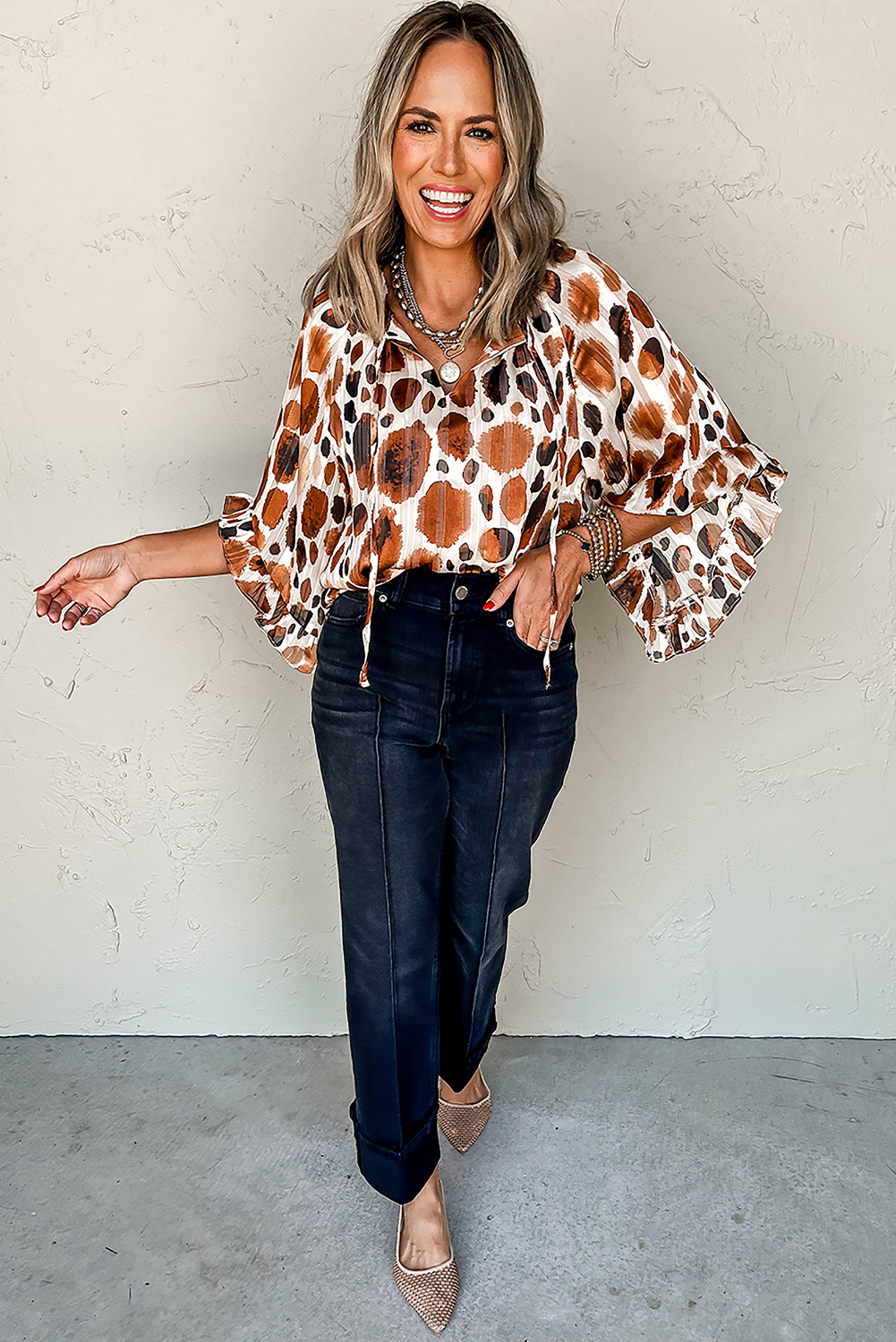 Brown Metallic Threading Accents Pleated Abstract Printed Ruffled 3/4 Sleeve Blouse - loveforevers
