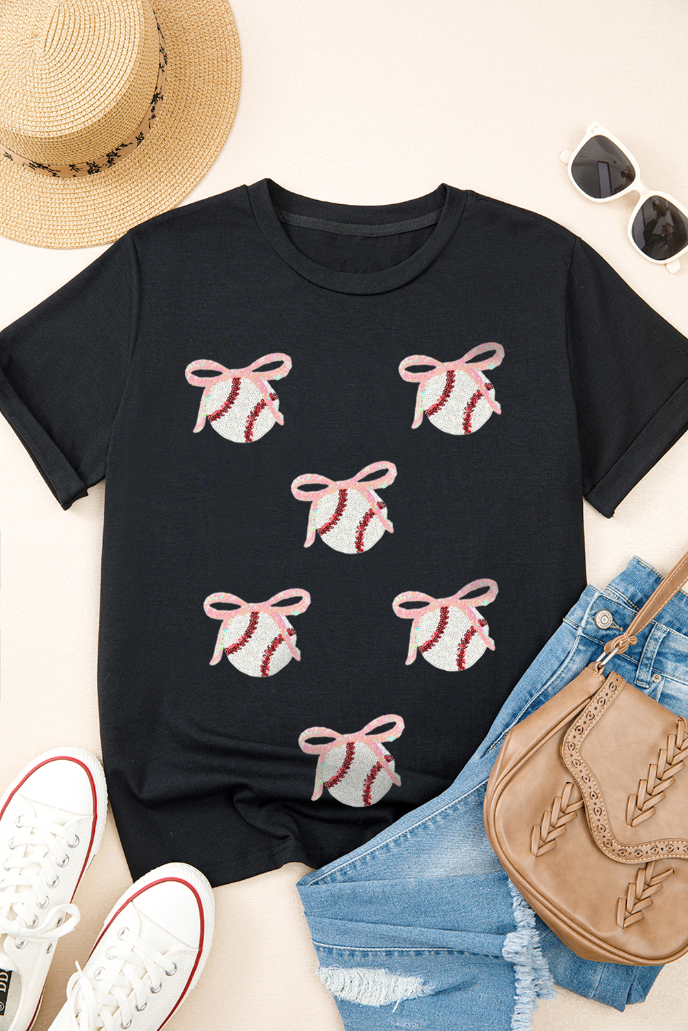 Black Shimmering Sequin Bow Ball Patterned Game Day Casual Tee - loveforevers