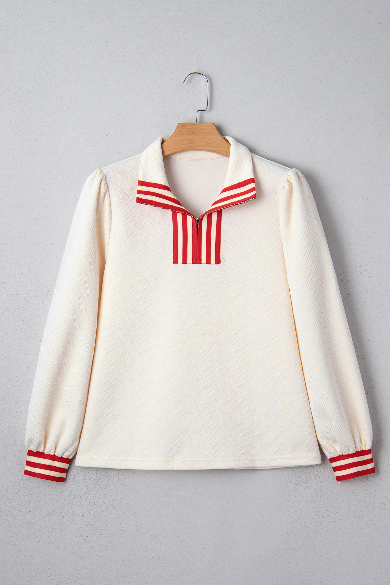 White Textured Knit Contrast Striped Accent Zipped Collar Pullover Top - loveforevers
