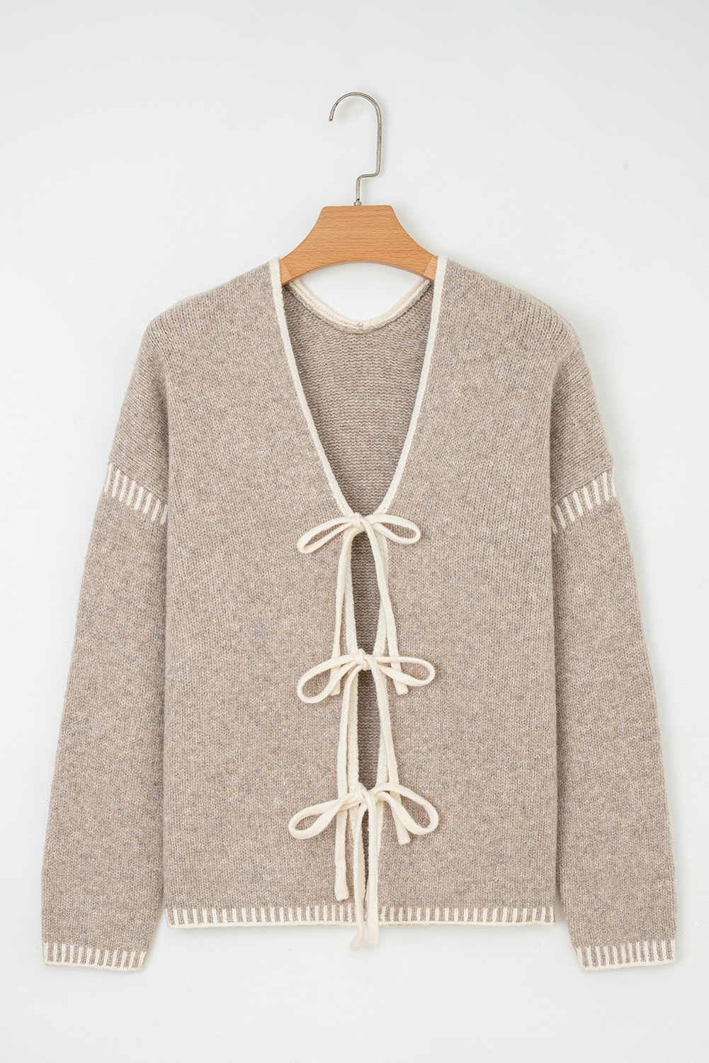Pale Khaki Tied Front Drop Shoulder Chunky Casual Cardigan - loveforevers