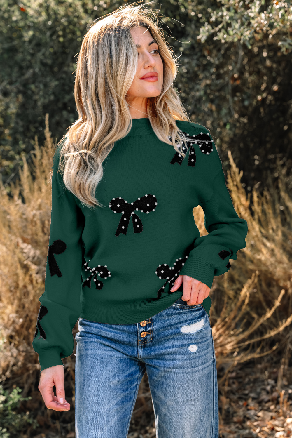Bright Pink Pearl Embellished Bow Pattern Loose Sweater - loveforevers
