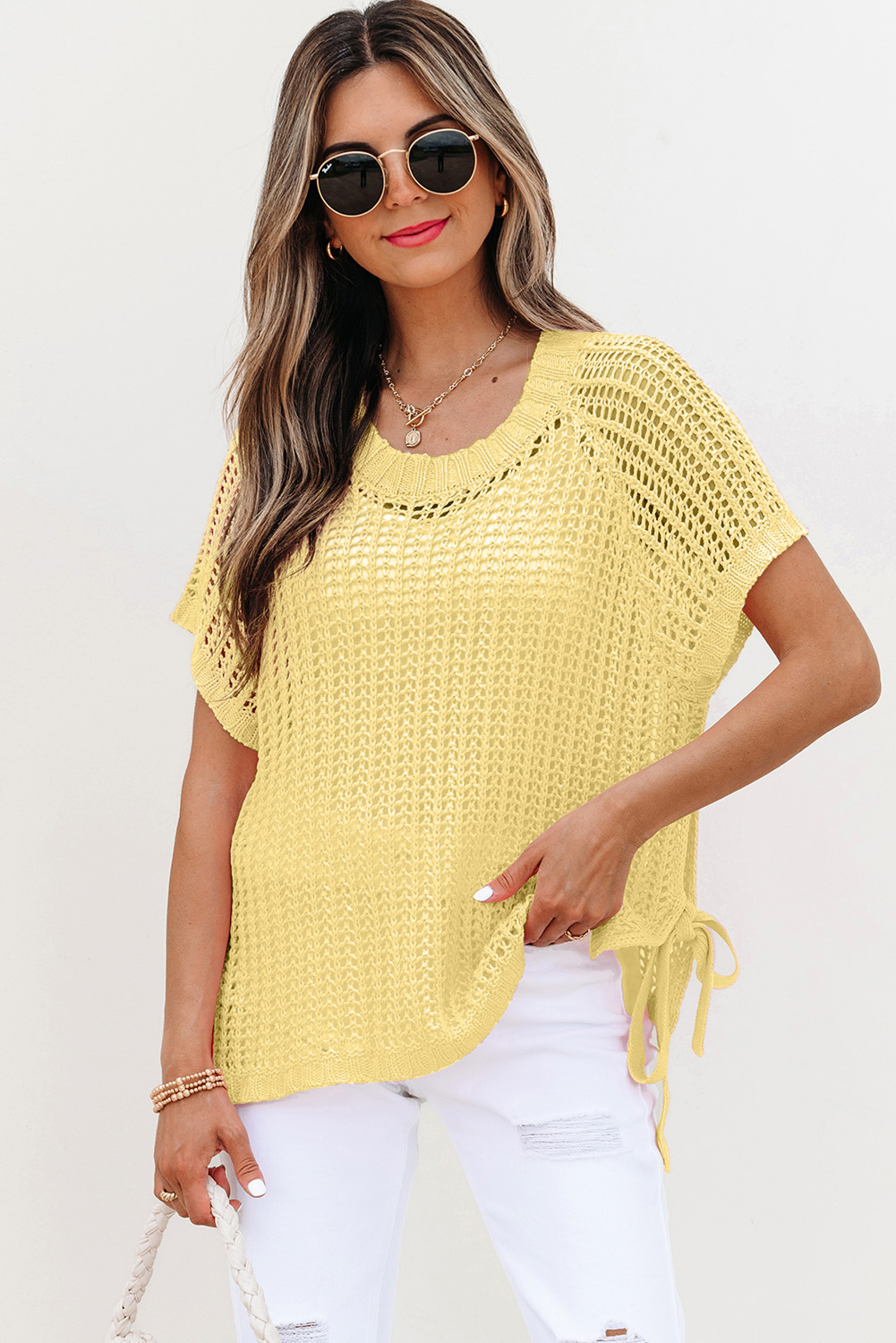 Yellow Cream Hollow-out Crochet Side Tied Short Sleeve Sweater - loveforevers