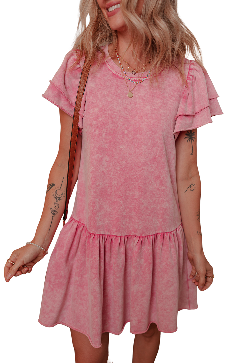Sachet Pink Mineral Wash Raw Edge Ruffle Mini Dress - loveforevers