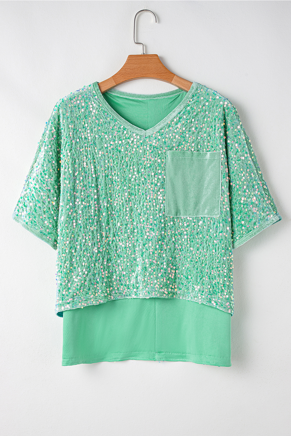 Moonlight Jade Sequin Batwing Sleeve V Neck Velvet Blouse - loveforevers