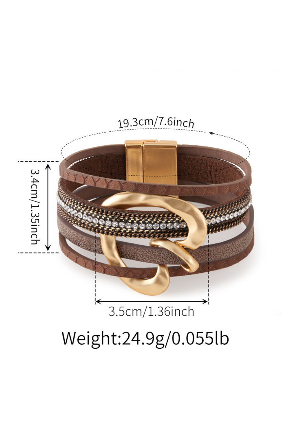 Coffee PU Leather Straps Rhinestone Embedded Retro Magnetic Buckle Bracelet - loveforevers
