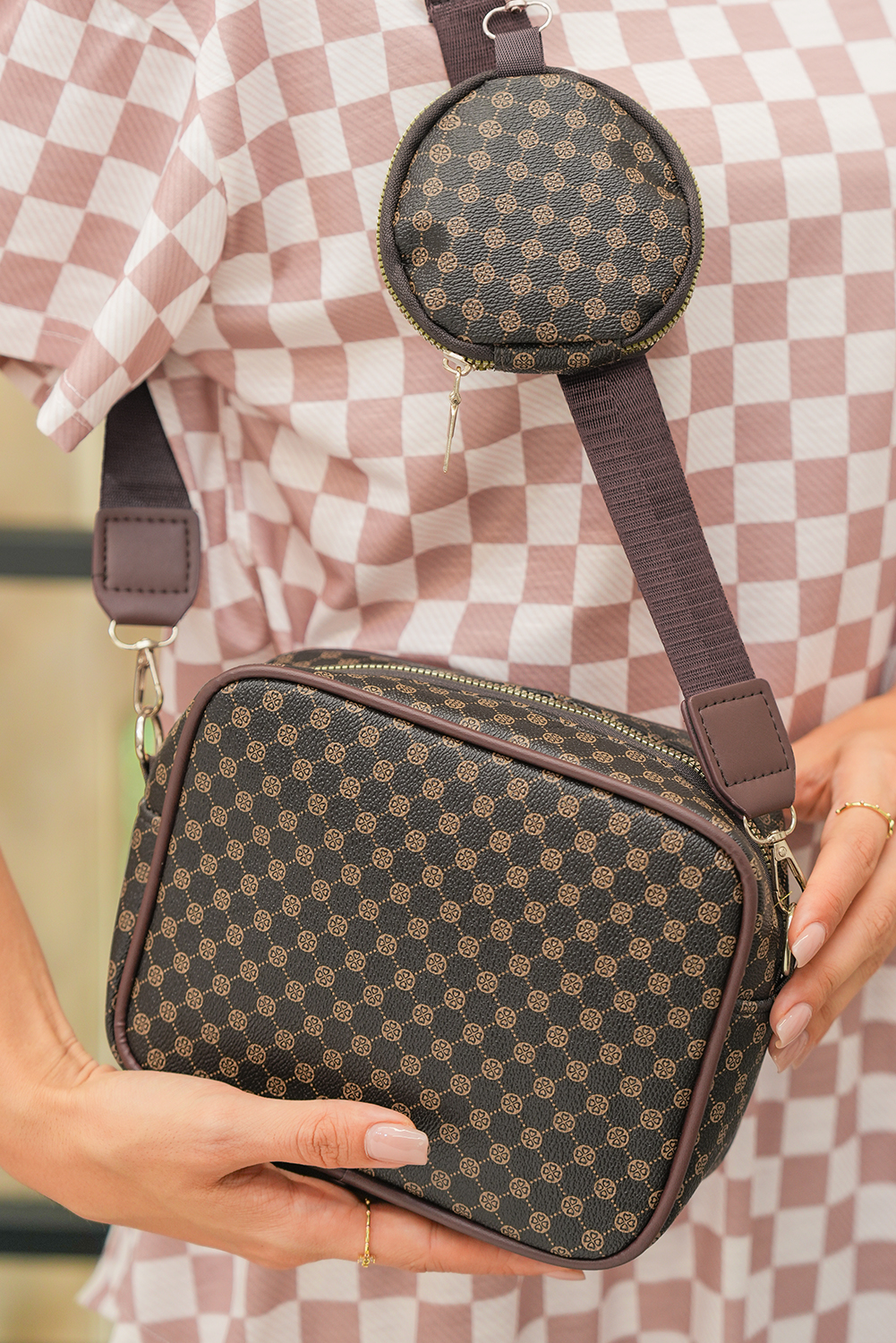 Coffee Checkered Print PU Leather Shoulder Bag with Coin Wallet - loveforevers