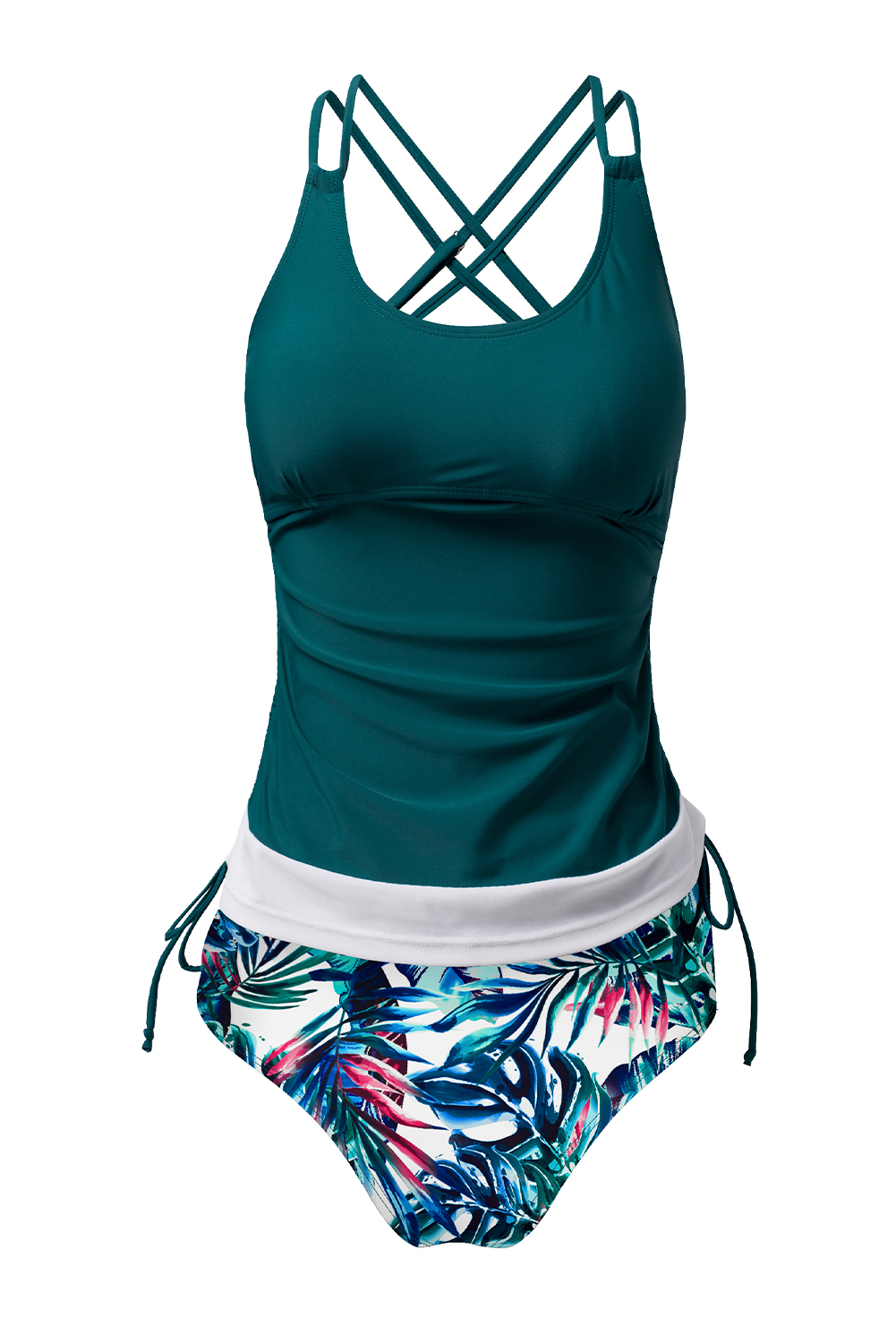 Sea Green Drawstring Tummy Control Mix-and-match 2pcs Tankini Swimsuit - loveforevers