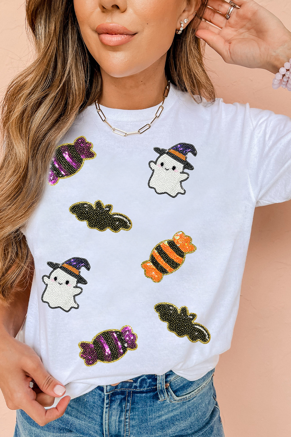 White Sequined Halloween Spirit Pattern Patched Custom Casual Tee - loveforevers
