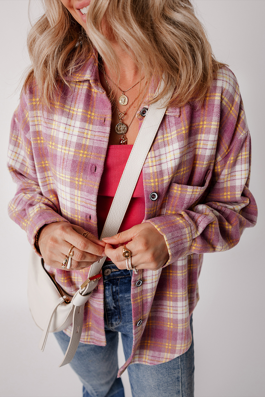 Pink Plaid Print Chest Pocket Long Sleeve Shacket - loveforevers