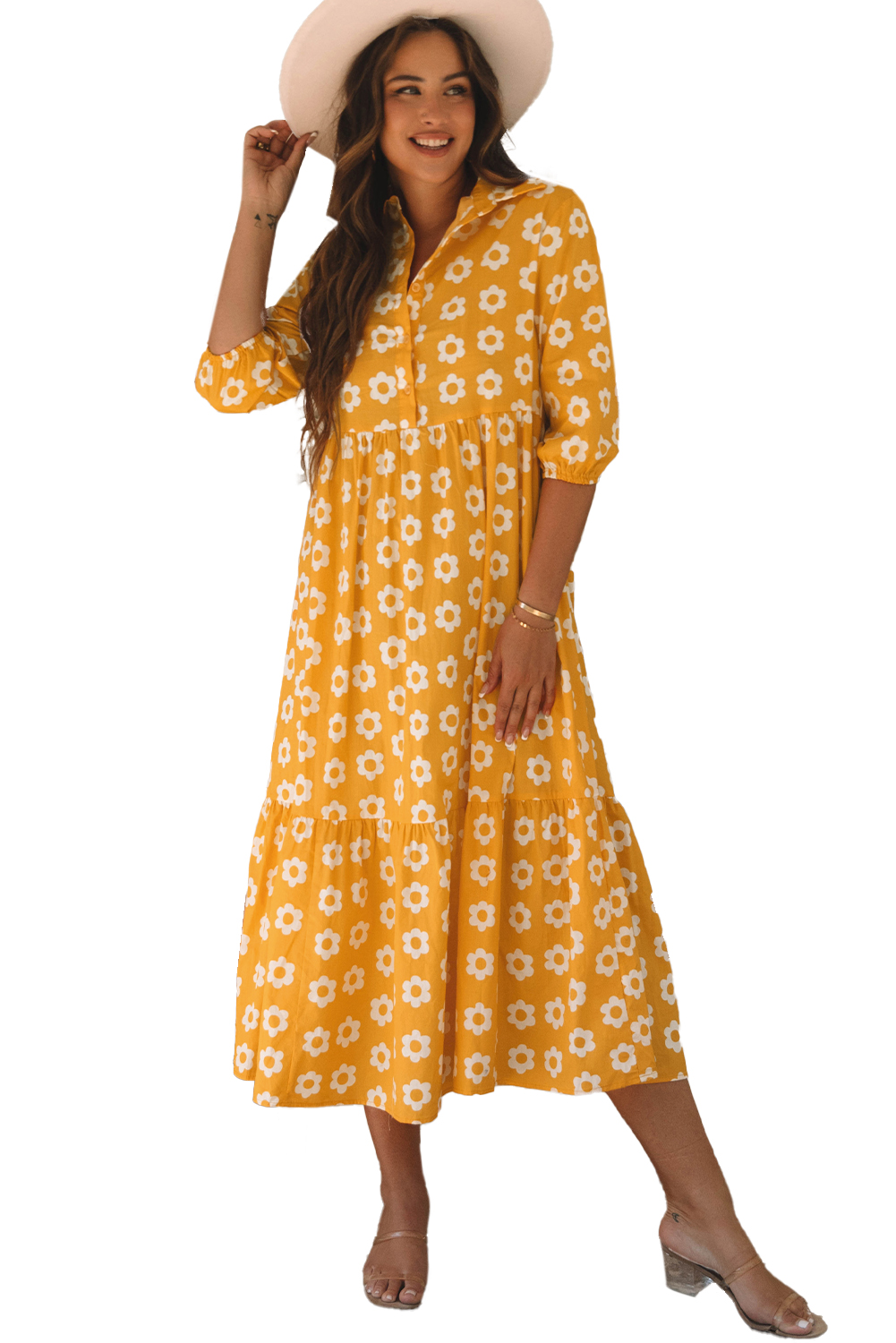 Yellow Flower Print Bracelet Sleeve Buttons Collared Maxi Dress - loveforevers
