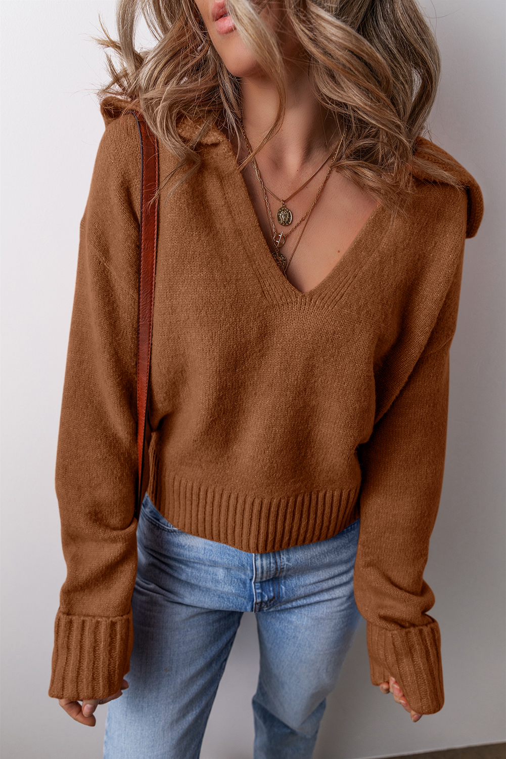 Racing Red Collared V Neck Ribbed Edge Sexy Elegant Sweater - loveforevers