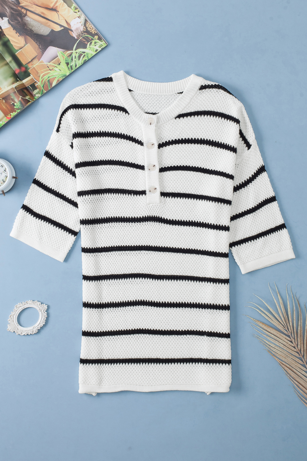 Black Stripe Henley Buttoned Placket Drop Shoulder Bracelet Sleeve Knit Sweater Tee - loveforevers