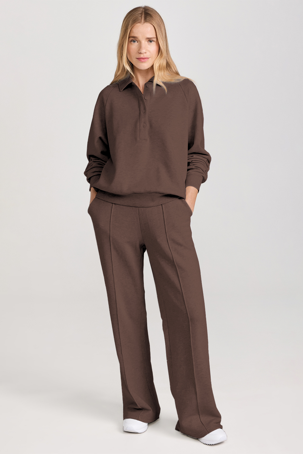 Dark Brown Solid Collared Sweatshirt and High Waist Pants Active Set - loveforevers