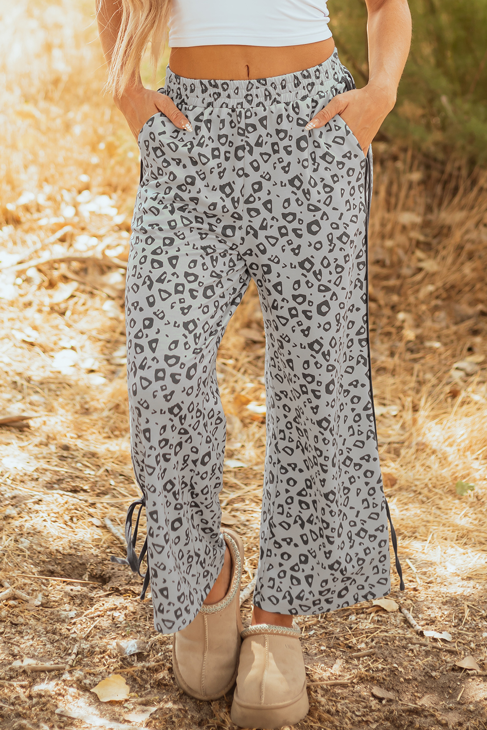 Gray Leopard High Waist Side Bow Straight Leg - loveforevers