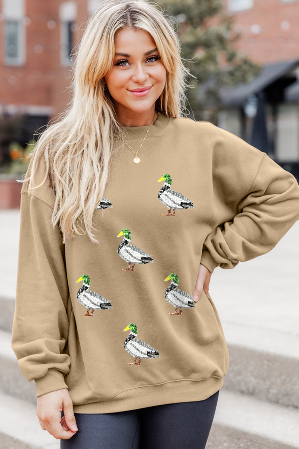 Khaki Sequin Mallard Duck Graphic Baggy Sweatshirt - loveforevers