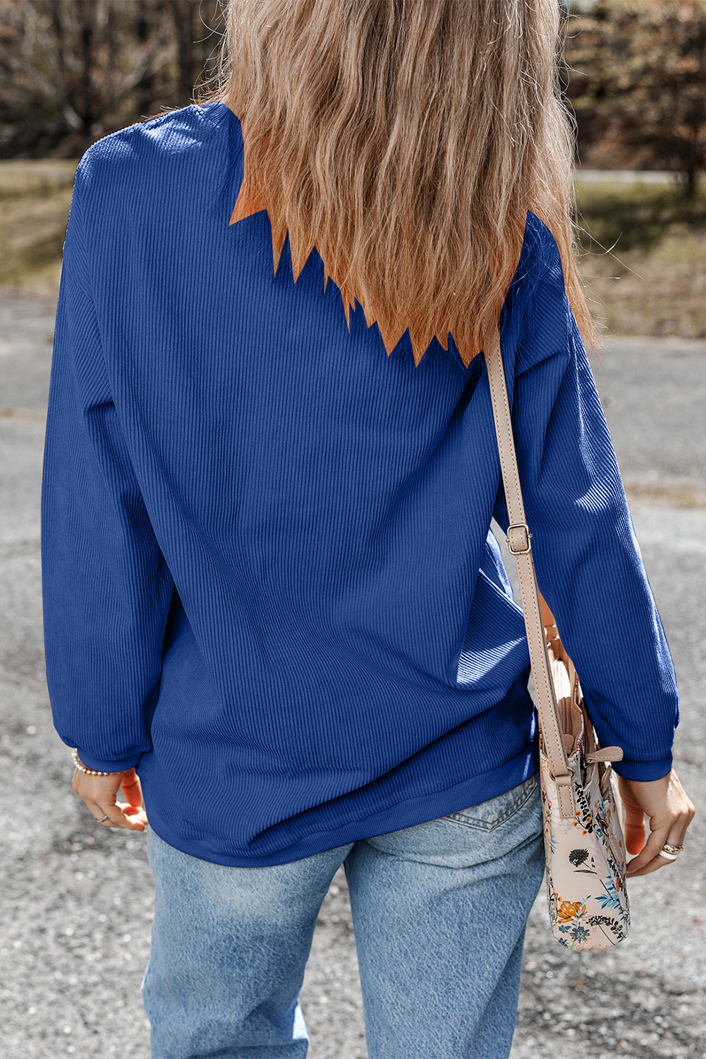 Dark Blue 3D Ribbed Texture Sequin Rugby Patched Baggy Sweatshirt - loveforevers