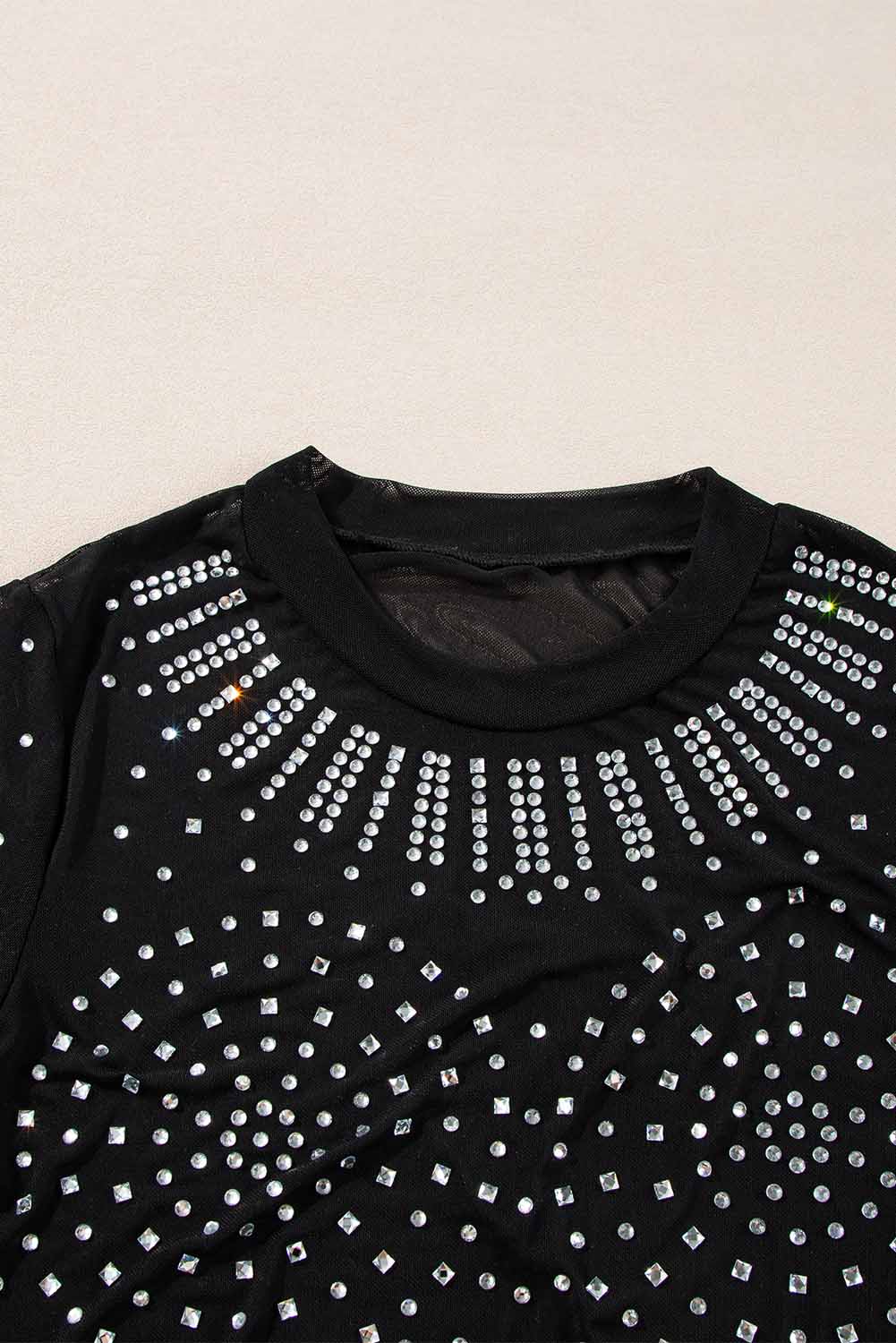 Black Rhinestone Sheer Mesh Long Sleeve Bodysuit - loveforevers