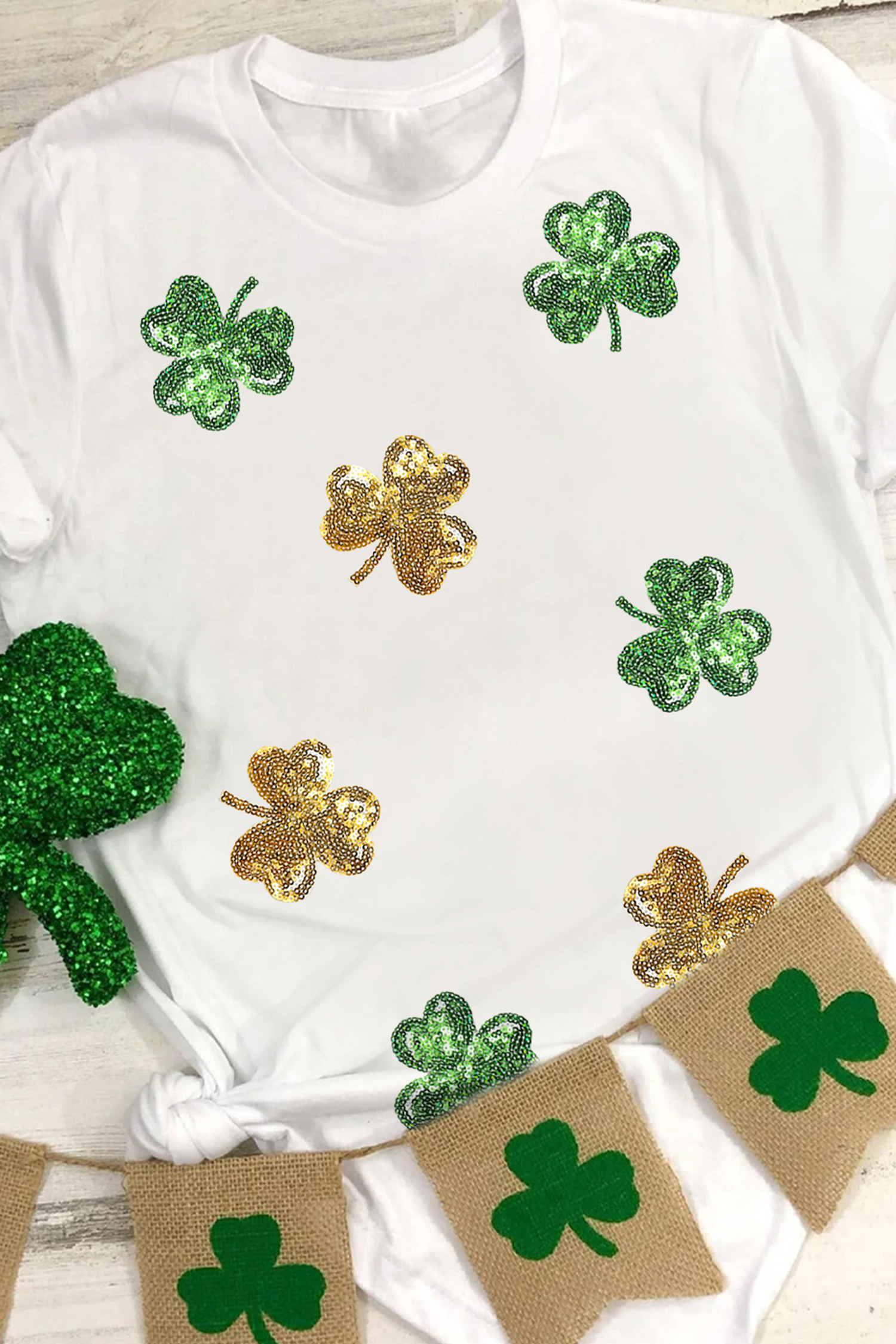 White 2-tone Sequin Clovers St Patricks Day T Shirt - loveforevers