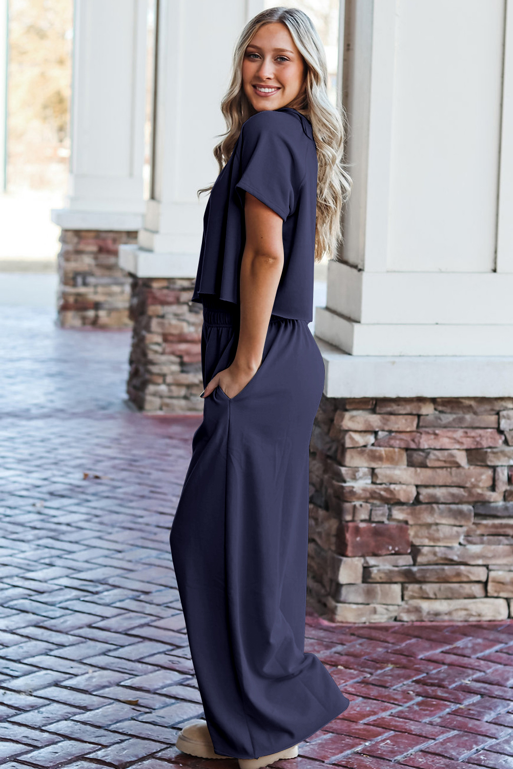 Navy Blue Raw Hem Loose Tee and Wide Leg Pants Set - loveforevers