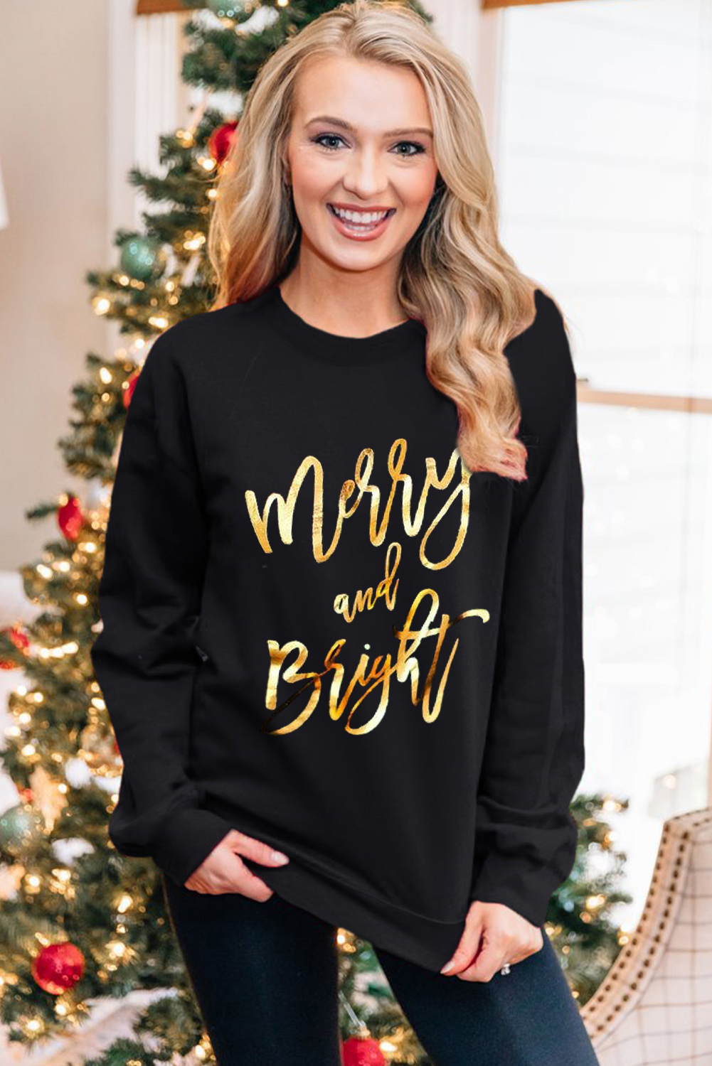 Black  Merry & Bright Letter Print Pullover Sweatshirt - loveforevers
