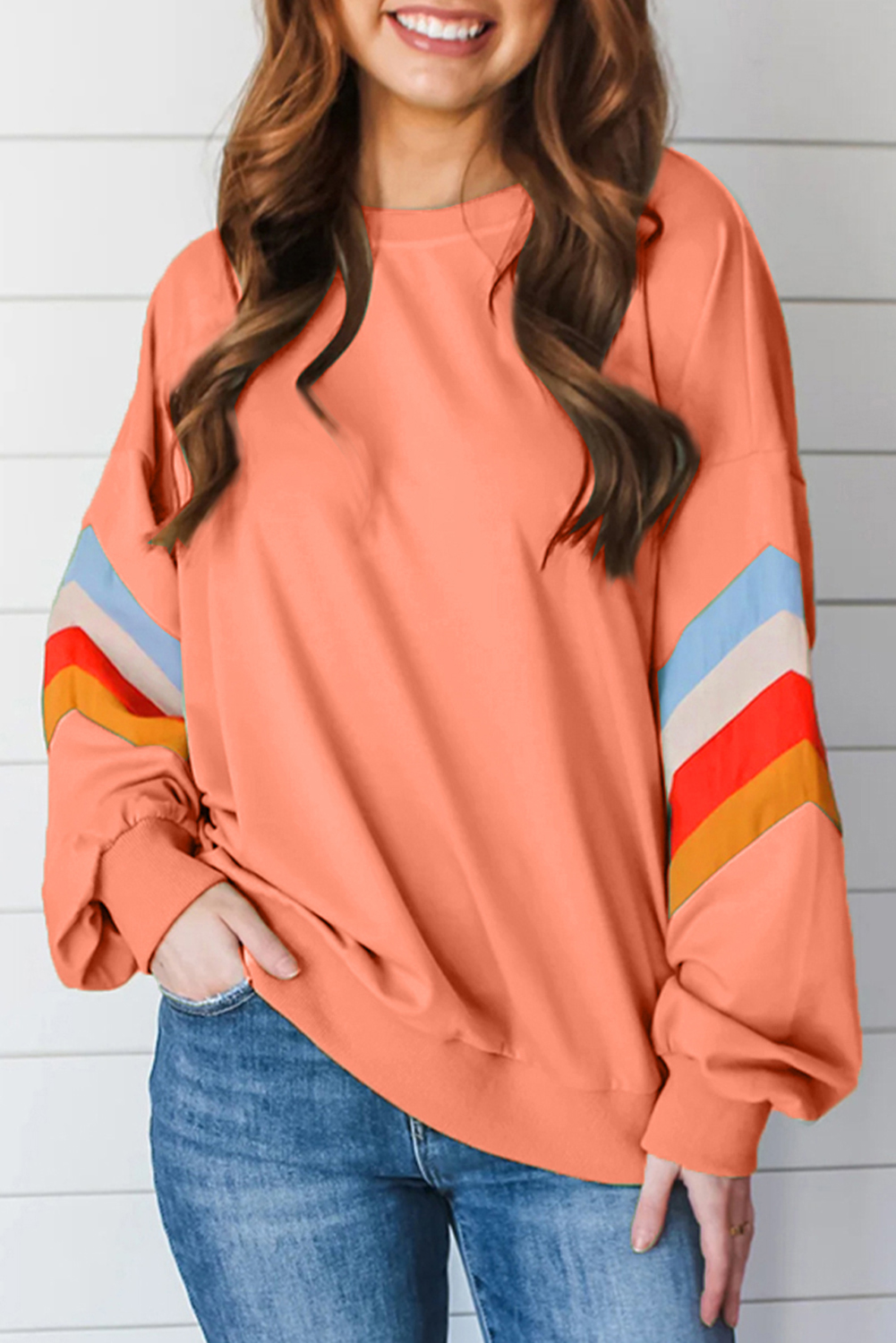 Moonlight Jade Rainbow Striped Sleeve Crew Neck Loose Sweatshirt - loveforevers