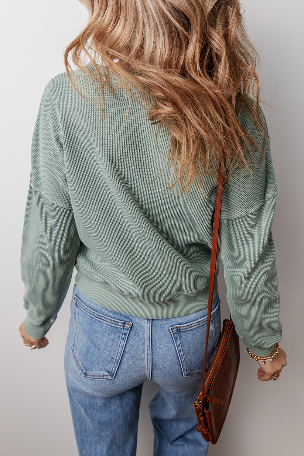 Clearly Aqua Waffle Knit Drop Shoulder V Neck Top - loveforevers