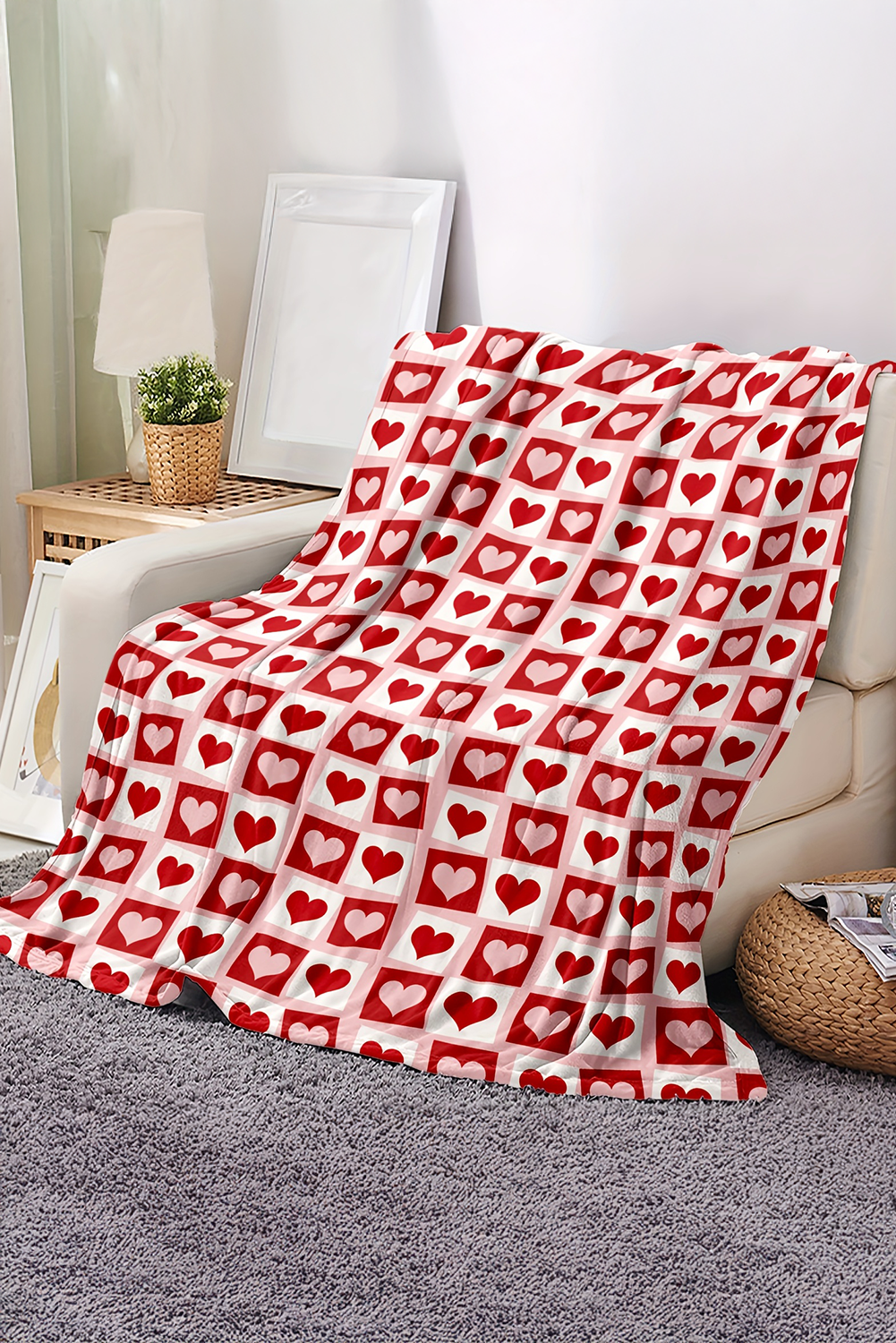 Fiery Red Heart Checkered Print Soft Large Blanket - loveforevers